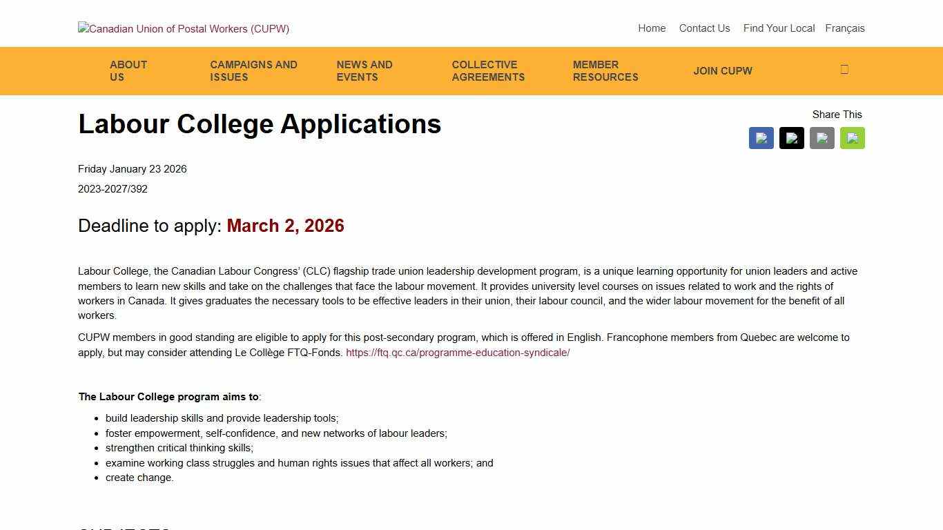 CUPW - 2026-01-23 - Labour College Applications